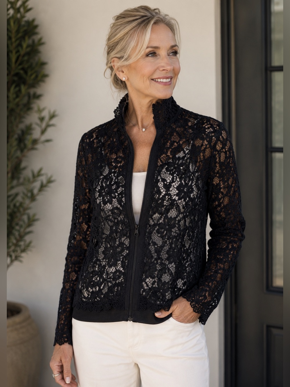 MARINA Black Lace Zip Up Jacket L